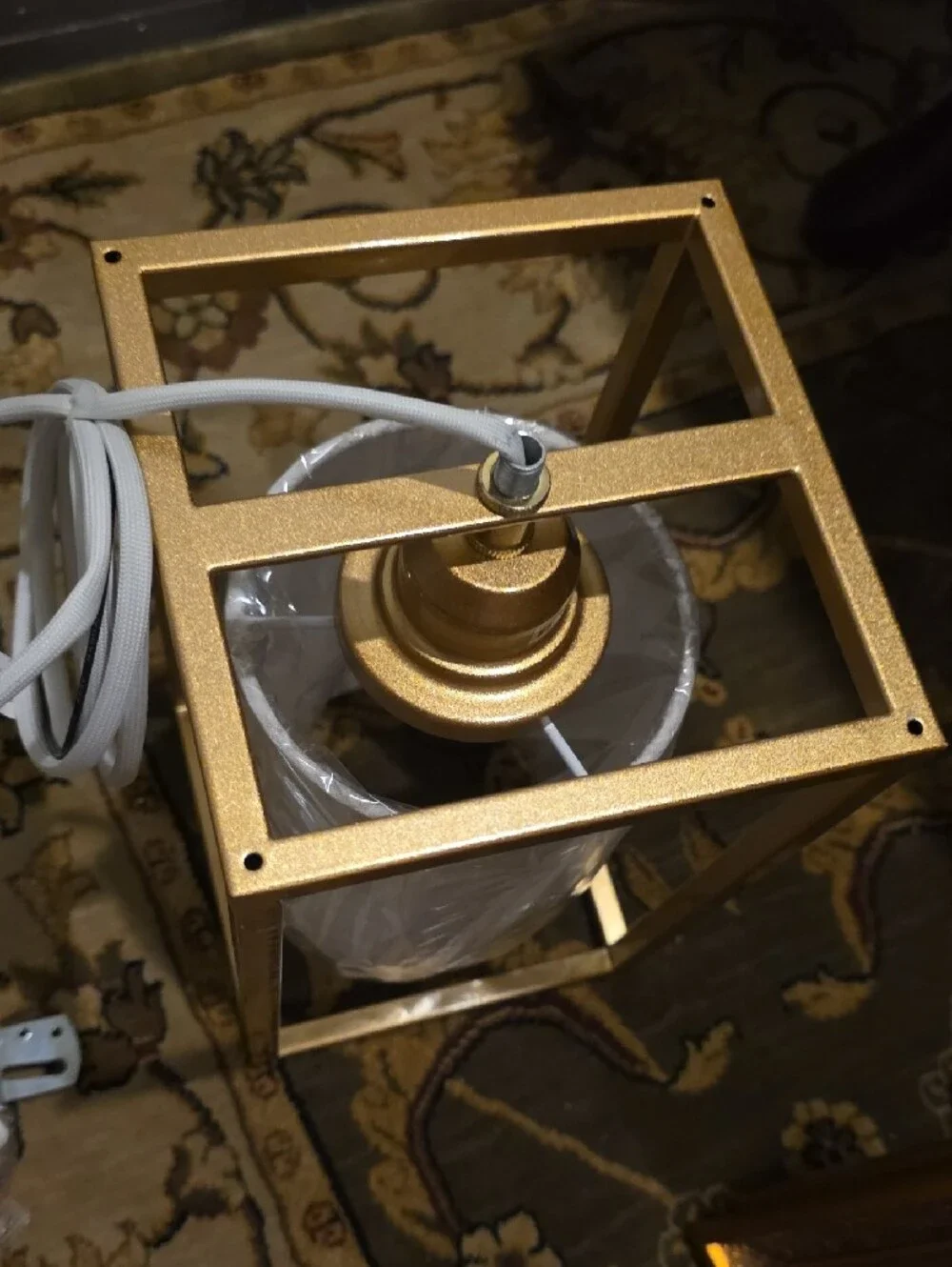 NWT Gold Metal Cage Pendant Light with White Fabric Shade